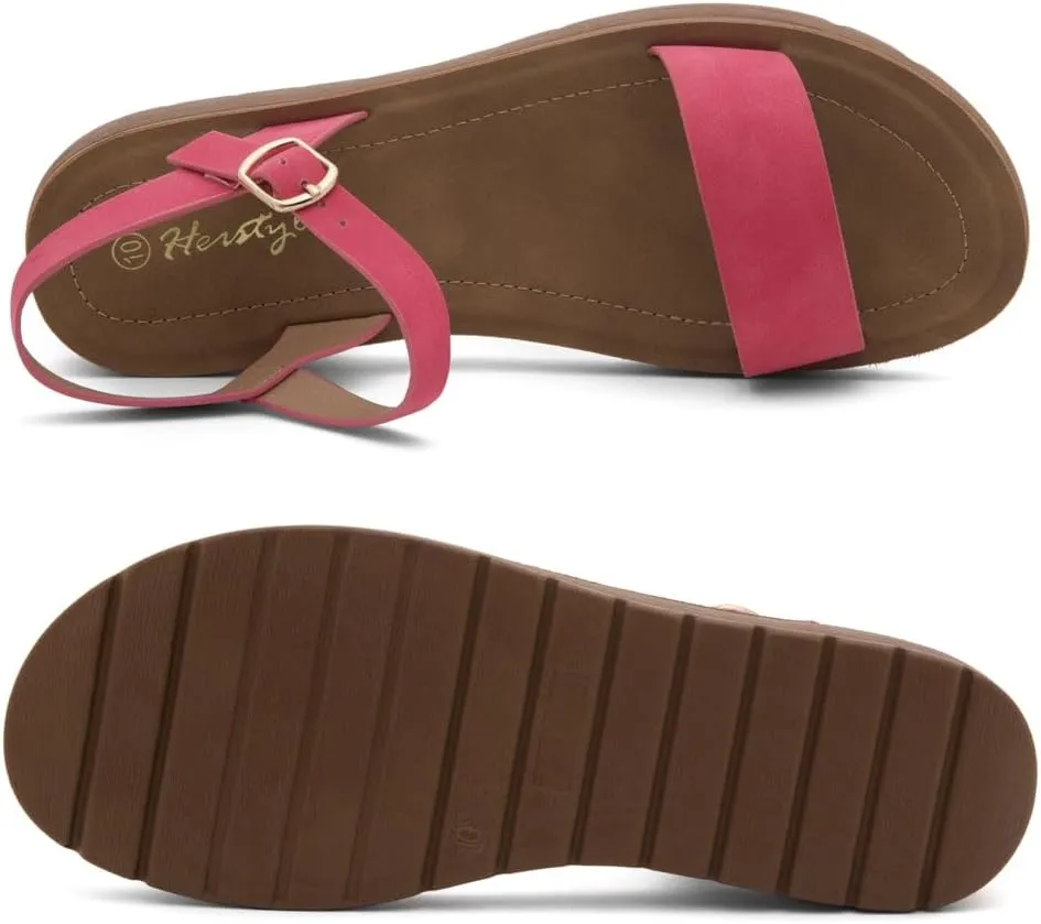 Herstyle MARINNA Women's Flat Sandals, Open Toe Single Band Ankle Strap Buckled Casual Flat Sandals with Cushioned Footbed for Walking and Summer Wear