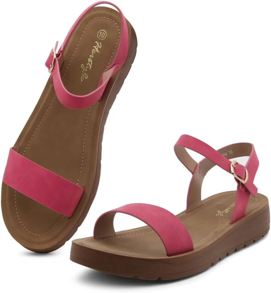 Herstyle MARINNA Women's Flat Sandals, Open Toe Single Band Ankle Strap Buckled Casual Flat Sandals with Cushioned Footbed for Walking and Summer Wear