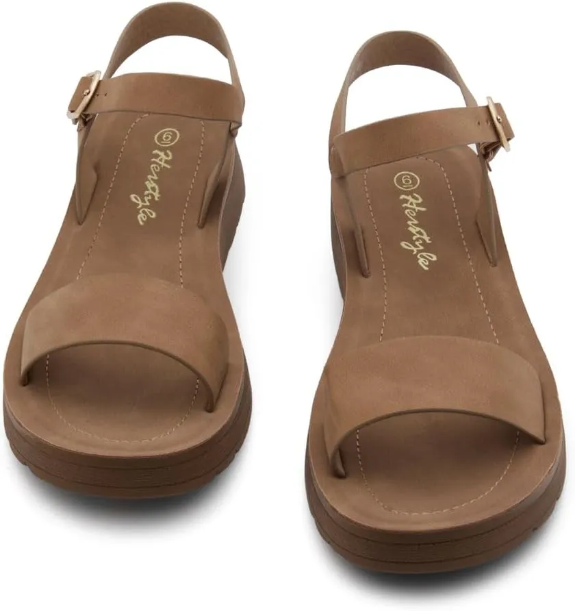 Herstyle MARINNA Women's Flat Sandals, Open Toe Single Band Ankle Strap Buckled Casual Flat Sandals with Cushioned Footbed for Walking and Summer Wear