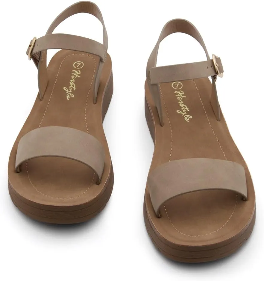 Herstyle MARINNA Women's Flat Sandals, Open Toe Single Band Ankle Strap Buckled Casual Flat Sandals with Cushioned Footbed for Walking and Summer Wear