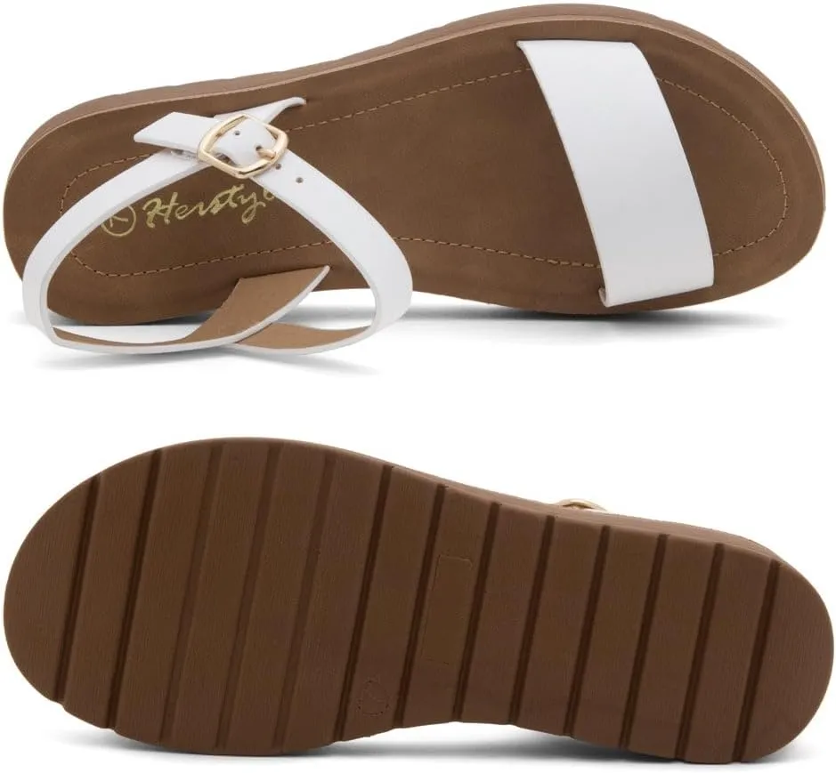 Herstyle MARINNA Women's Flat Sandals, Open Toe Single Band Ankle Strap Buckled Casual Flat Sandals with Cushioned Footbed for Walking and Summer Wear