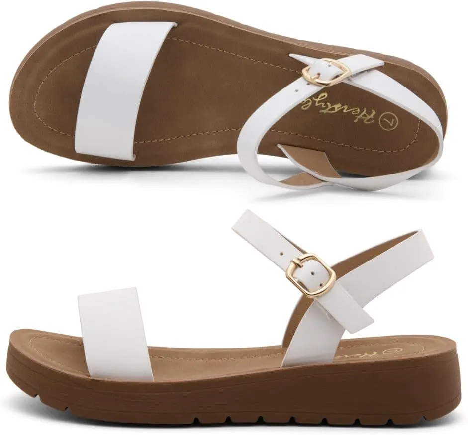 Herstyle MARINNA Women's Flat Sandals, Open Toe Single Band Ankle Strap Buckled Casual Flat Sandals with Cushioned Footbed for Walking and Summer Wear