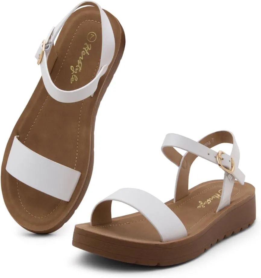 Herstyle MARINNA Women's Flat Sandals, Open Toe Single Band Ankle Strap Buckled Casual Flat Sandals with Cushioned Footbed for Walking and Summer Wear