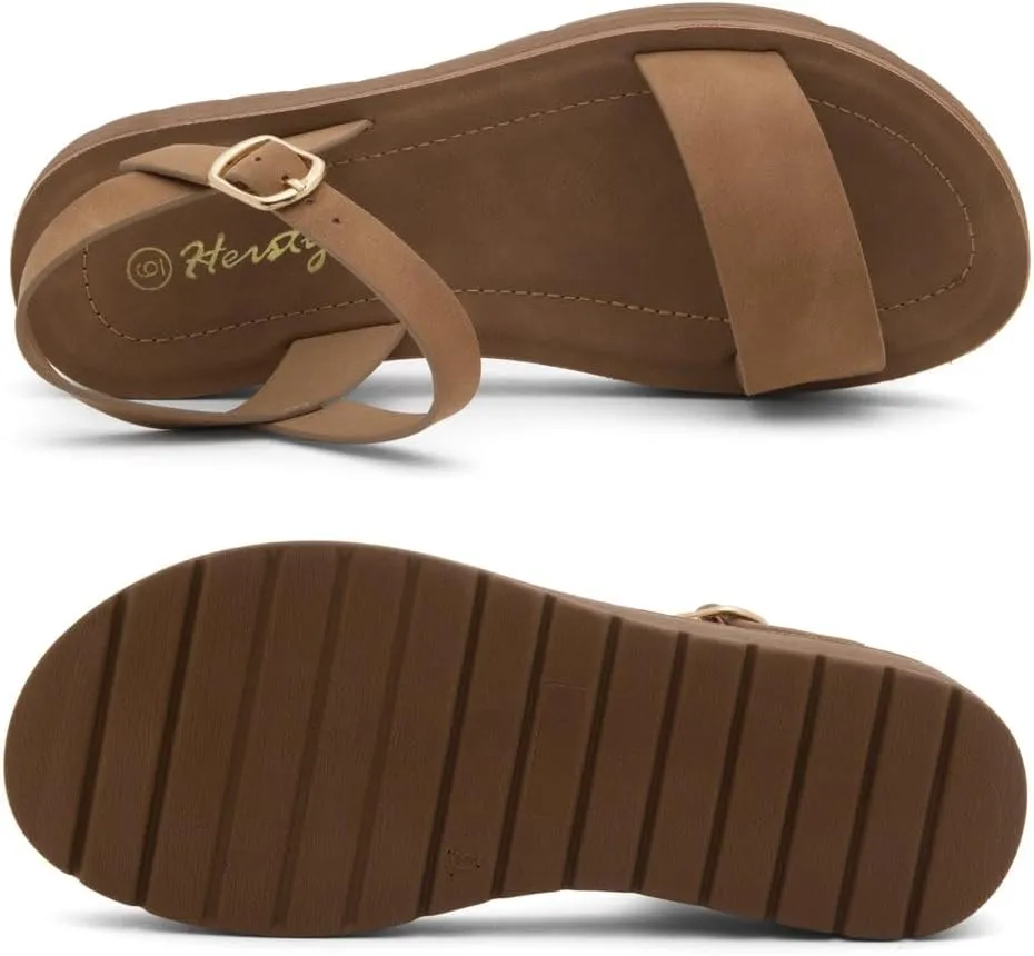 Herstyle MARINNA Women's Flat Sandals, Open Toe Single Band Ankle Strap Buckled Casual Flat Sandals with Cushioned Footbed for Walking and Summer Wear