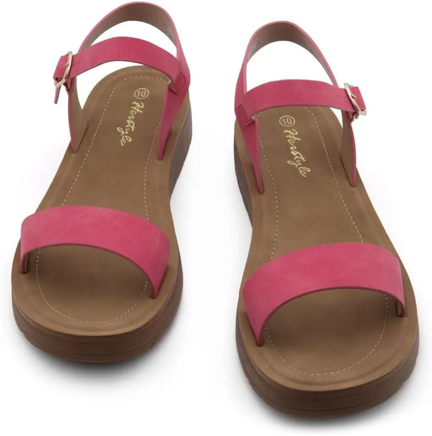 Herstyle MARINNA Women's Flat Sandals, Open Toe Single Band Ankle Strap Buckled Casual Flat Sandals with Cushioned Footbed for Walking and Summer Wear