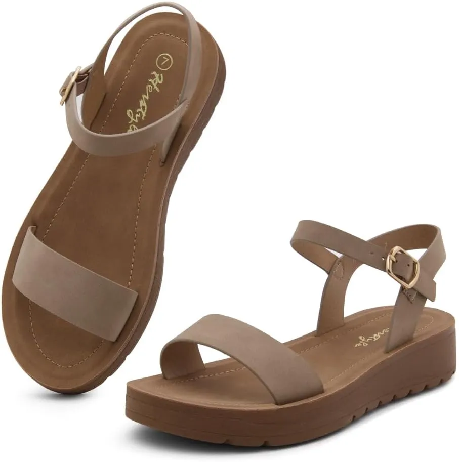 Herstyle MARINNA Women's Flat Sandals, Open Toe Single Band Ankle Strap Buckled Casual Flat Sandals with Cushioned Footbed for Walking and Summer Wear