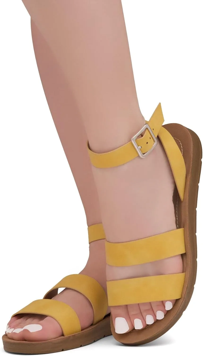 Herstyle Needed Me Women's Flat Sandals, Open Toe Two Bands with Ankle Strap and Buckle, Lightweight Sandals with Cushioned Footbed for Summer Walking and Daily Wear