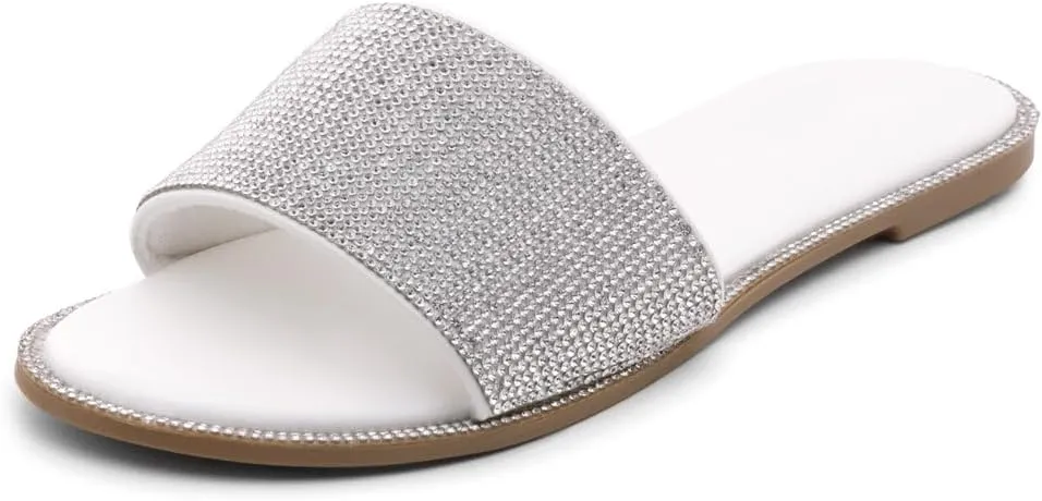 Herstyle Showstopper Women's Flat Sandals, Fashion Rhinestone Slides, Open Toe Slip-On Slippers with Cushioned Footbed, Casual Bling Sandals for Summer and Daily Wear