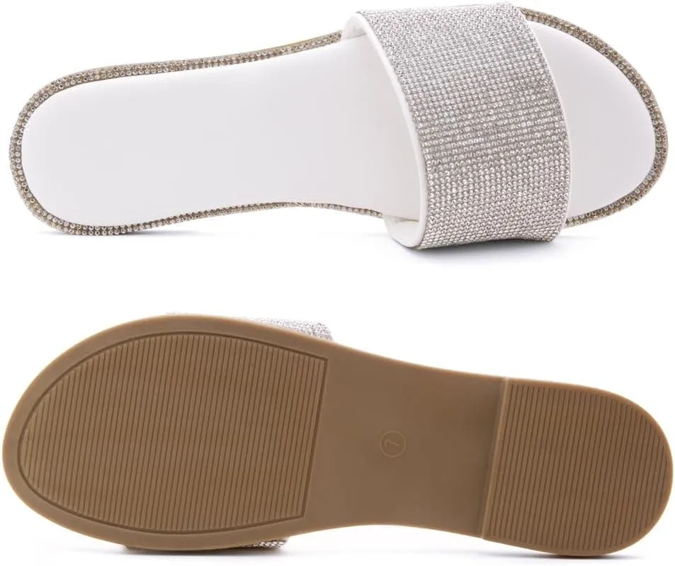 Herstyle Showstopper Women's Flat Sandals, Fashion Rhinestone Slides, Open Toe Slip-On Slippers with Cushioned Footbed, Casual Bling Sandals for Summer and Daily Wear