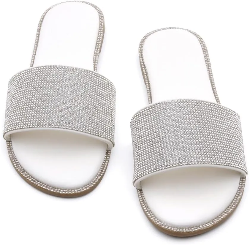 Herstyle Showstopper Women's Flat Sandals, Fashion Rhinestone Slides, Open Toe Slip-On Slippers with Cushioned Footbed, Casual Bling Sandals for Summer and Daily Wear