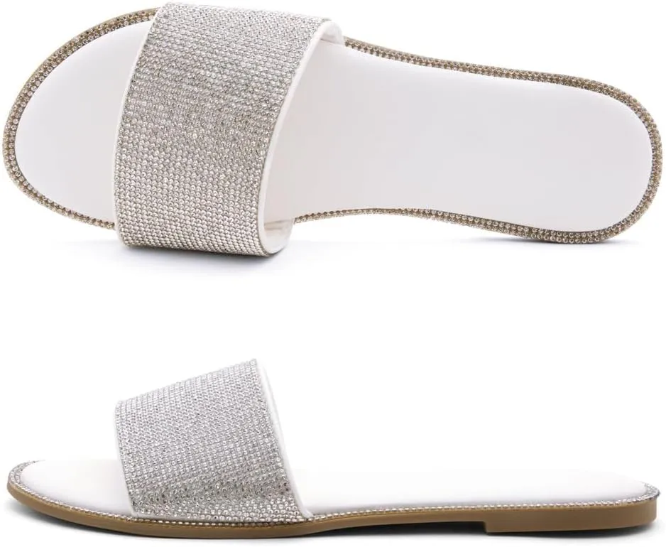 Herstyle Showstopper Women's Flat Sandals, Fashion Rhinestone Slides, Open Toe Slip-On Slippers with Cushioned Footbed, Casual Bling Sandals for Summer and Daily Wear