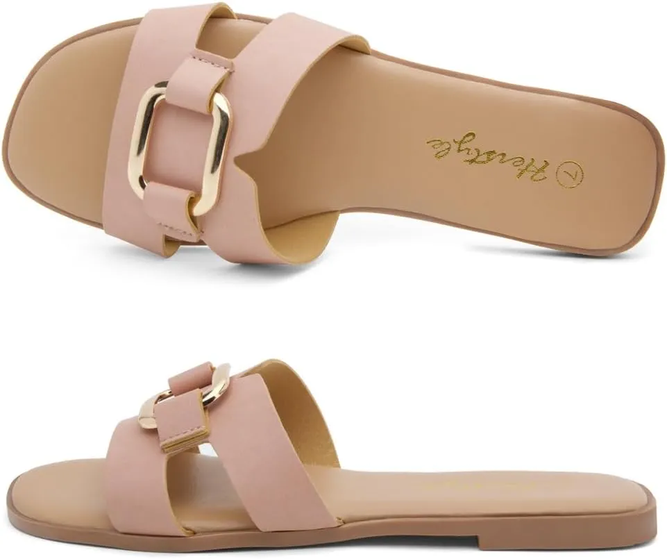 Herstyle Women's Flat Sandals 2025 – Trendy Square Open Toe Slides with Metal Chain, Memory Foam Cushioned Footbed, Slip-On Fashion Slippers for Summer
