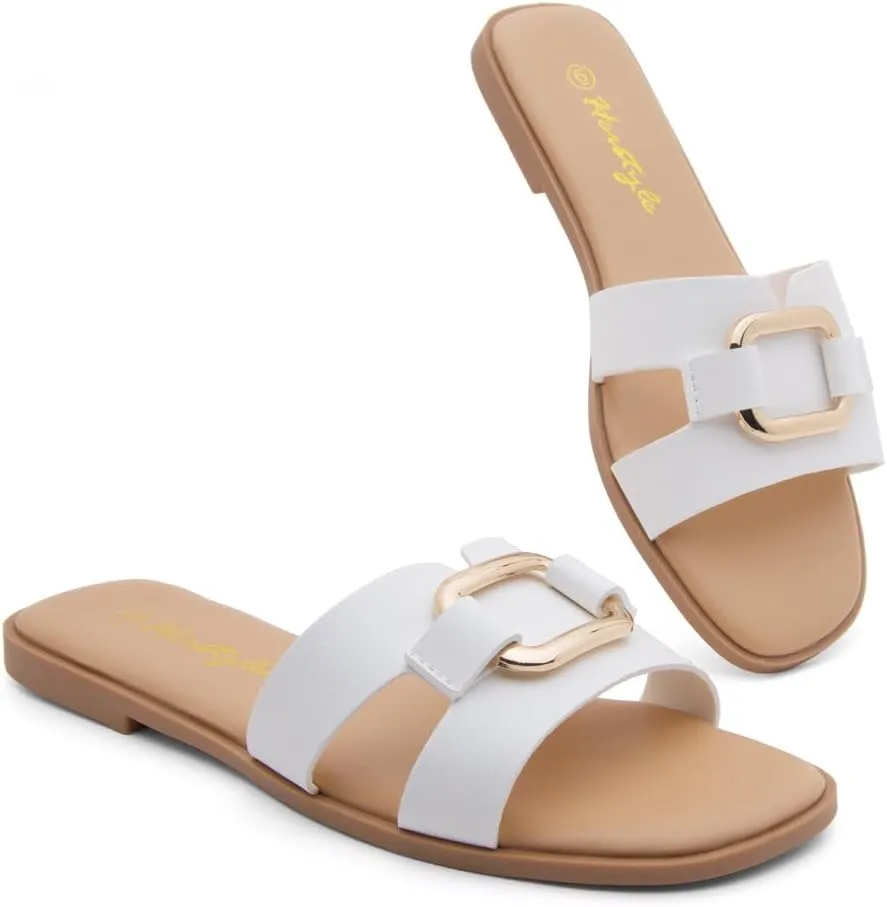 Herstyle Women's Flat Sandals 2025 – Trendy Square Open Toe Slides with Metal Chain, Memory Foam Cushioned Footbed, Slip-On Fashion Slippers for Summer