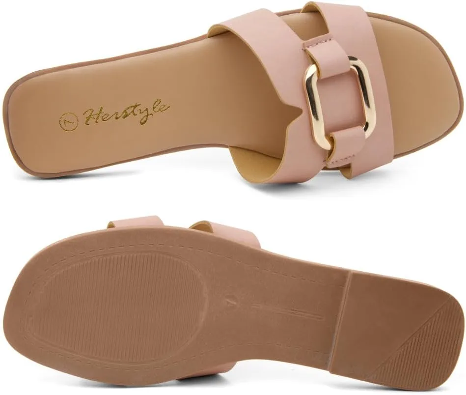 Herstyle Women's Flat Sandals 2025 – Trendy Square Open Toe Slides with Metal Chain, Memory Foam Cushioned Footbed, Slip-On Fashion Slippers for Summer
