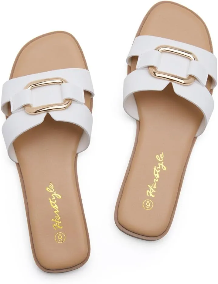 Herstyle Women's Flat Sandals 2025 – Trendy Square Open Toe Slides with Metal Chain, Memory Foam Cushioned Footbed, Slip-On Fashion Slippers for Summer
