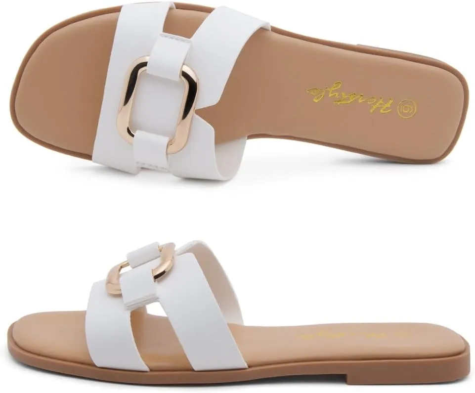 Herstyle Women's Flat Sandals 2025 – Trendy Square Open Toe Slides with Metal Chain, Memory Foam Cushioned Footbed, Slip-On Fashion Slippers for Summer