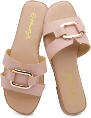 Herstyle Women's Flat Sandals 2025 – Trendy Square Open Toe Slides with Metal Chain, Memory Foam Cushioned Footbed, Slip-On Fashion Slippers for Summer