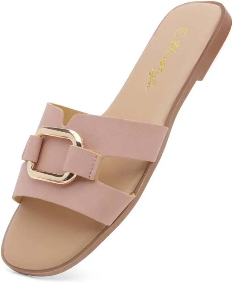 Herstyle Women's Flat Sandals 2025 – Trendy Square Open Toe Slides with Metal Chain, Memory Foam Cushioned Footbed, Slip-On Fashion Slippers for Summer