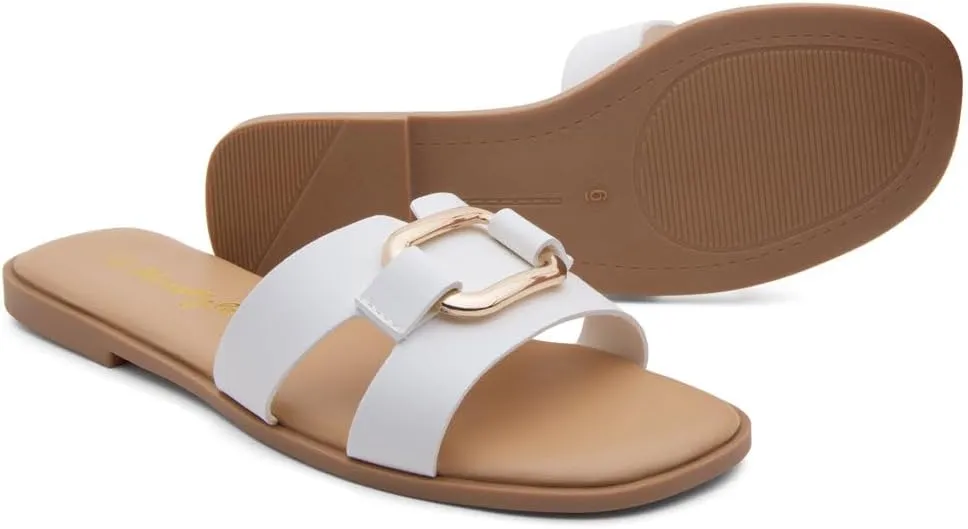 Herstyle Women's Flat Sandals 2025 – Trendy Square Open Toe Slides with Metal Chain, Memory Foam Cushioned Footbed, Slip-On Fashion Slippers for Summer