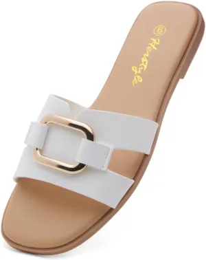Herstyle Women's Flat Sandals 2025 – Trendy Square Open Toe Slides with Metal Chain, Memory Foam Cushioned Footbed, Slip-On Fashion Slippers for Summer