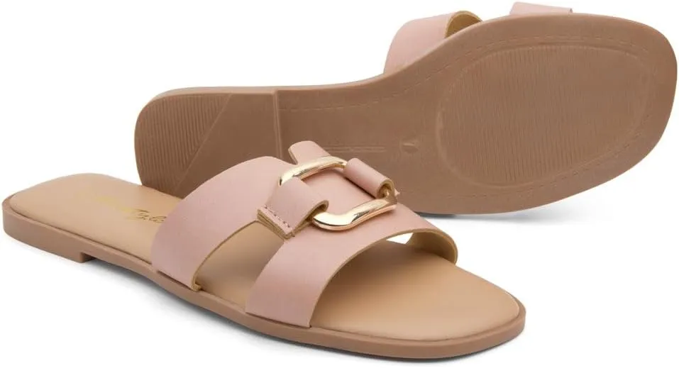 Herstyle Women's Flat Sandals 2025 – Trendy Square Open Toe Slides with Metal Chain, Memory Foam Cushioned Footbed, Slip-On Fashion Slippers for Summer