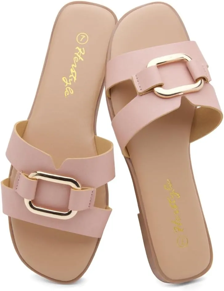 Herstyle Women's Flat Sandals 2025 – Trendy Square Open Toe Slides with Metal Chain, Memory Foam Cushioned Footbed, Slip-On Fashion Slippers for Summer