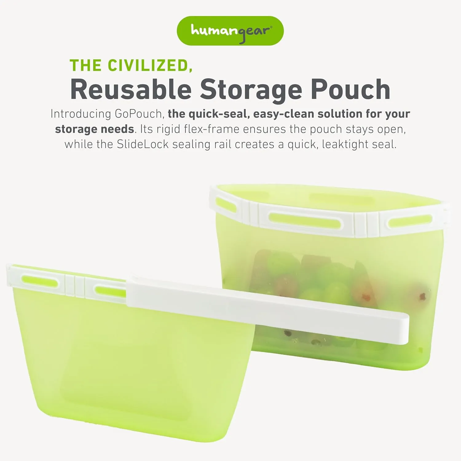 humangear GoPouch - Flexible Food Storage Container, Quick-Seal, Reusable Pouches, Leak Proof Bag with Slide-Lock Closure System, Green, Small