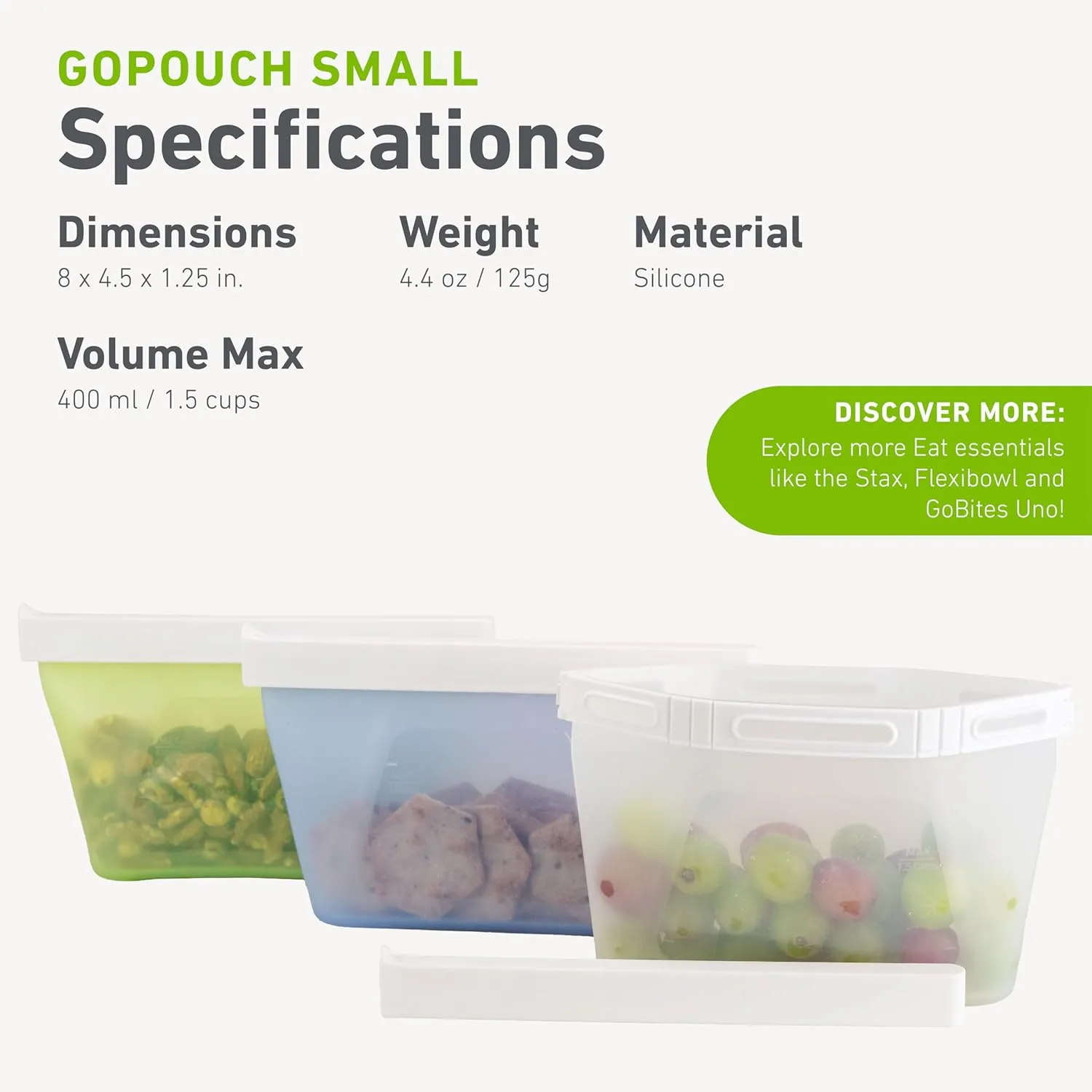 humangear GoPouch - Flexible Food Storage Container, Quick-Seal, Reusable Pouches, Leak Proof Bag with Slide-Lock Closure System, Green, Small