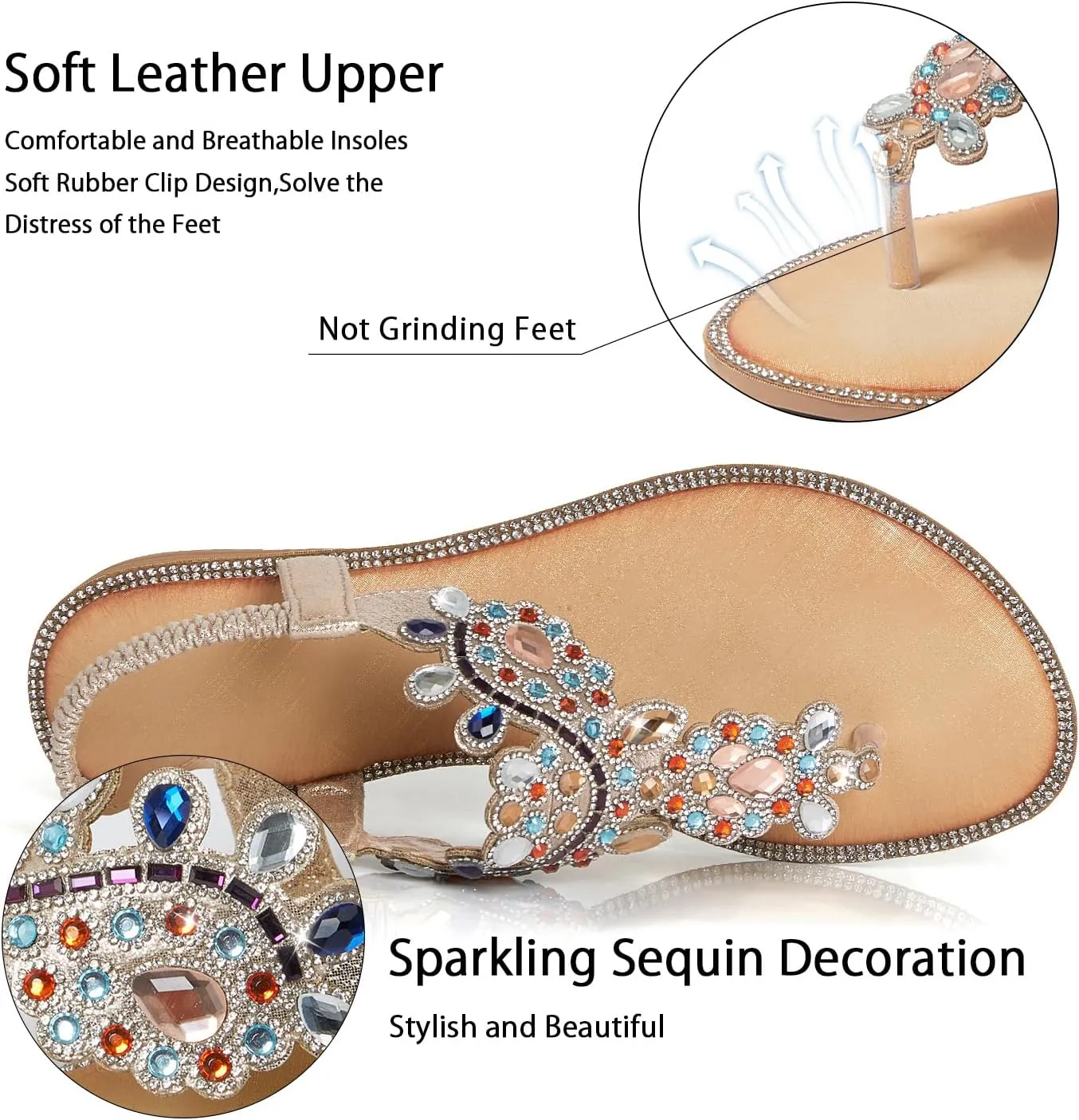 iCKER Women Rhinestone Sandals T-Strap Buckle Bohemian Pearl Crystal Flat Sandals