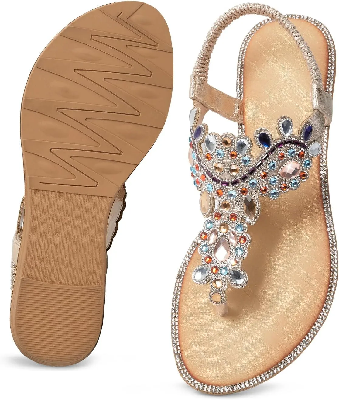 iCKER Women Rhinestone Sandals T-Strap Buckle Bohemian Pearl Crystal Flat Sandals