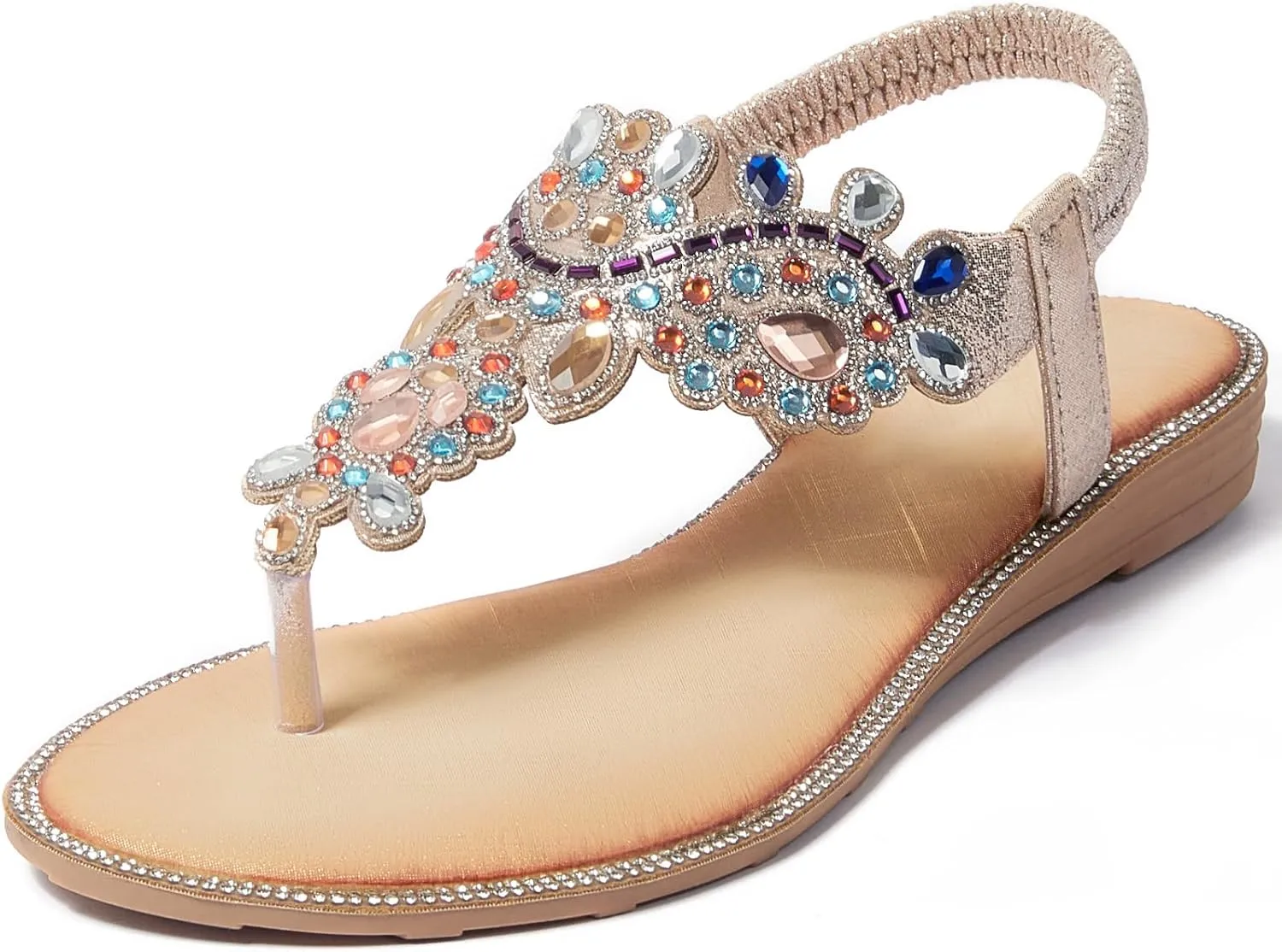 iCKER Women Rhinestone Sandals T-Strap Buckle Bohemian Pearl Crystal Flat Sandals