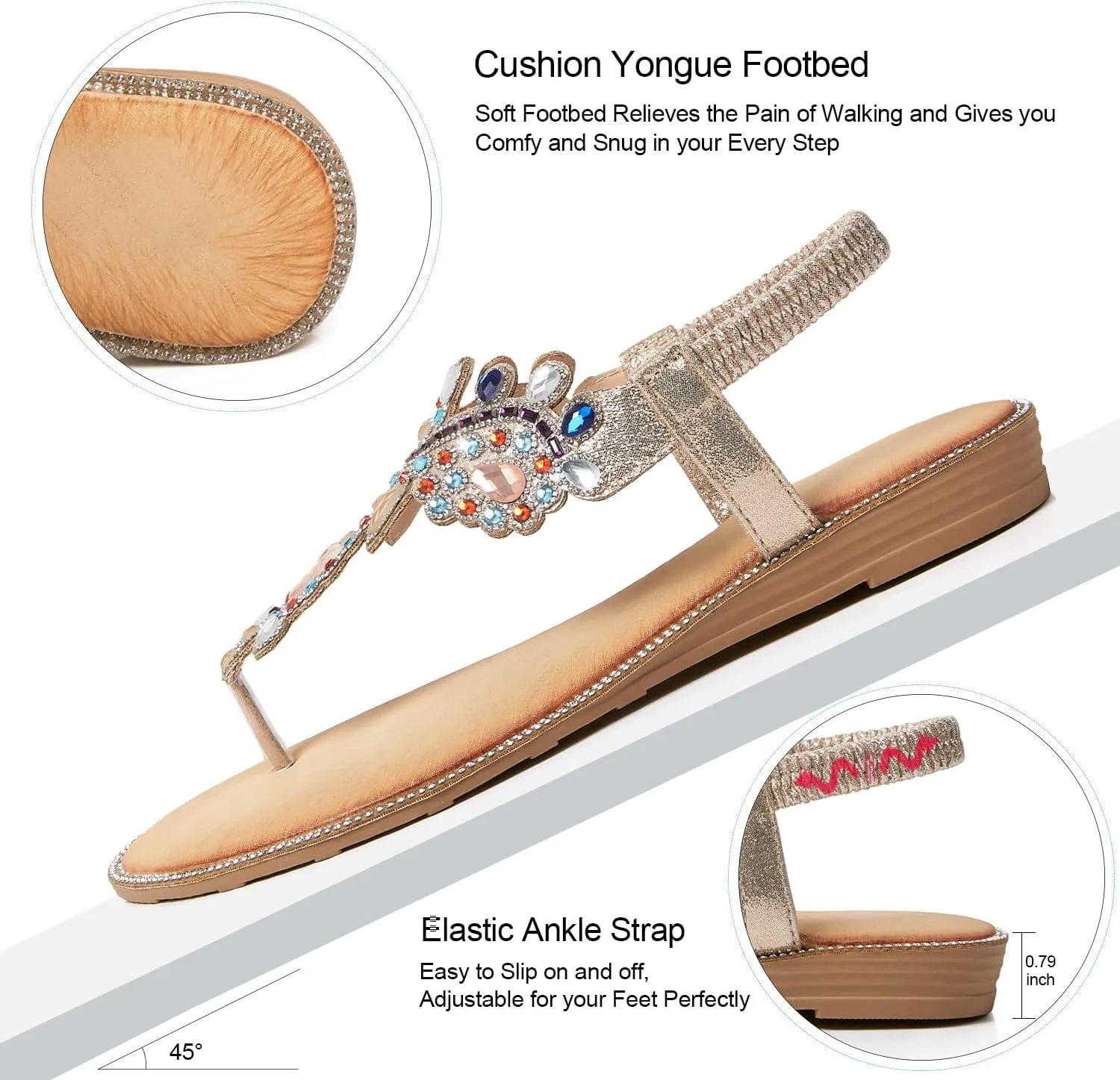 iCKER Women Rhinestone Sandals T-Strap Buckle Bohemian Pearl Crystal Flat Sandals