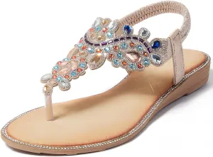 iCKER Women Rhinestone Sandals T-Strap Buckle Bohemian Pearl Crystal Flat Sandals