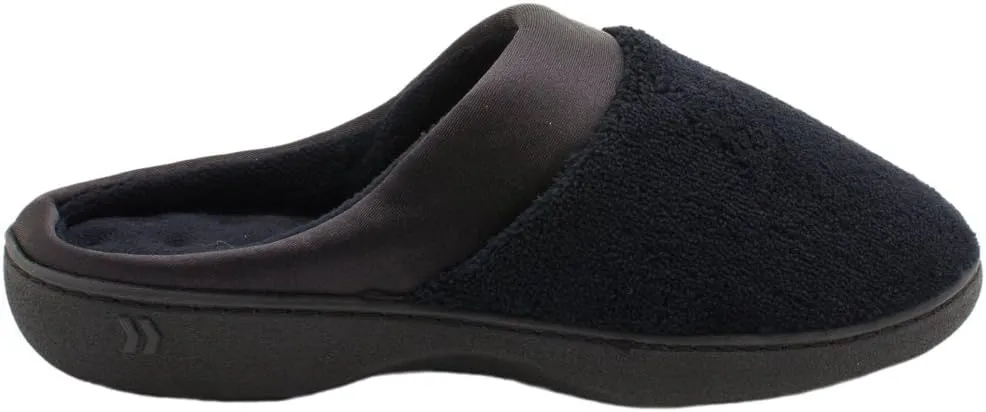 isotoner Women's Terry and Satin Slip on Cushioned Slipper with Memory Foam for Indoor/Outdoor Comfort Flat Sandals