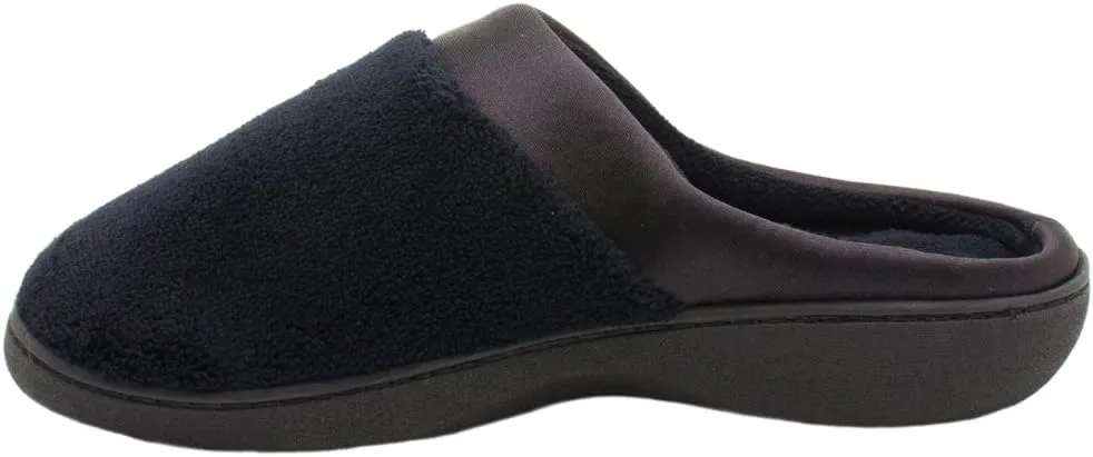 isotoner Women's Terry and Satin Slip on Cushioned Slipper with Memory Foam for Indoor/Outdoor Comfort Flat Sandals