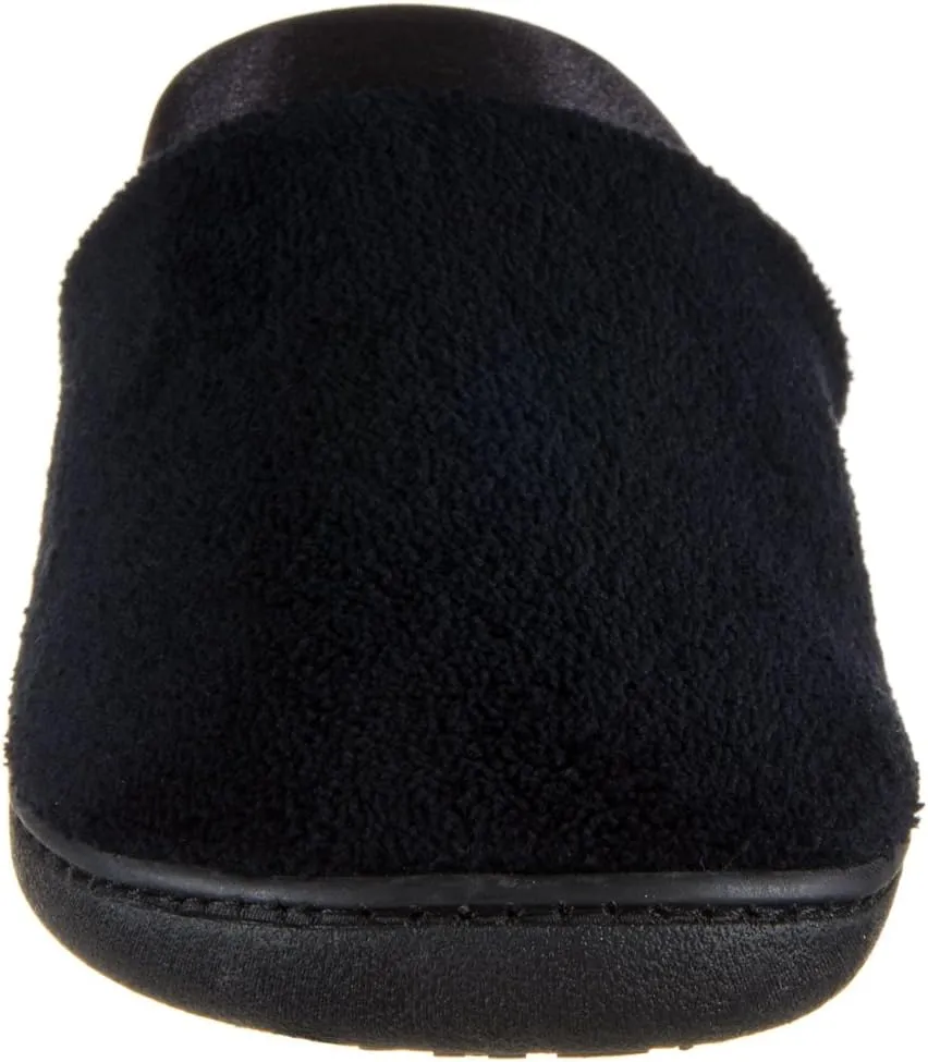 isotoner Women's Terry and Satin Slip on Cushioned Slipper with Memory Foam for Indoor/Outdoor Comfort Flat Sandals