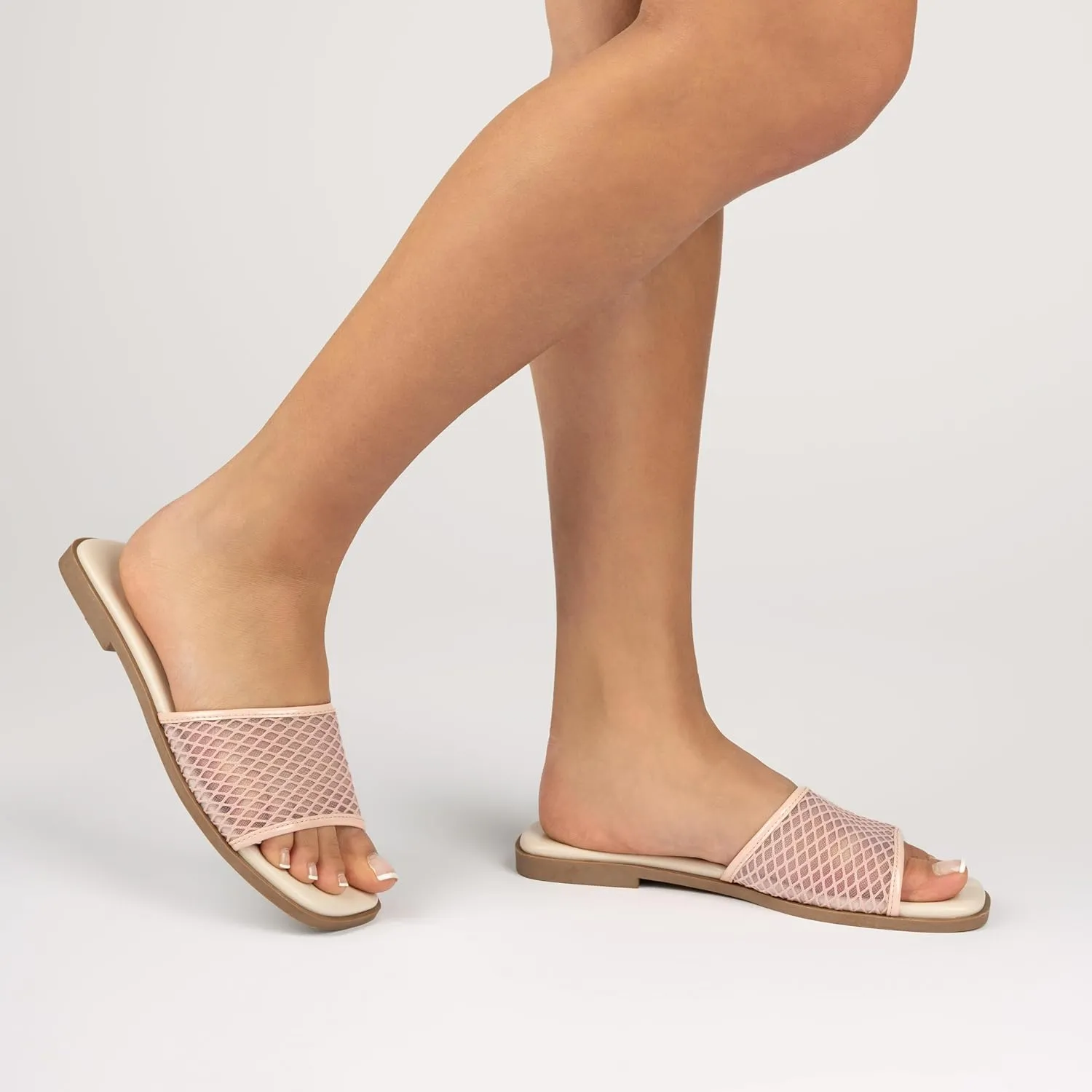 Journee Womens cushioned footbed Sandals Mesh Sandals Breckley Flat Sole Mesh Straps Open Toe