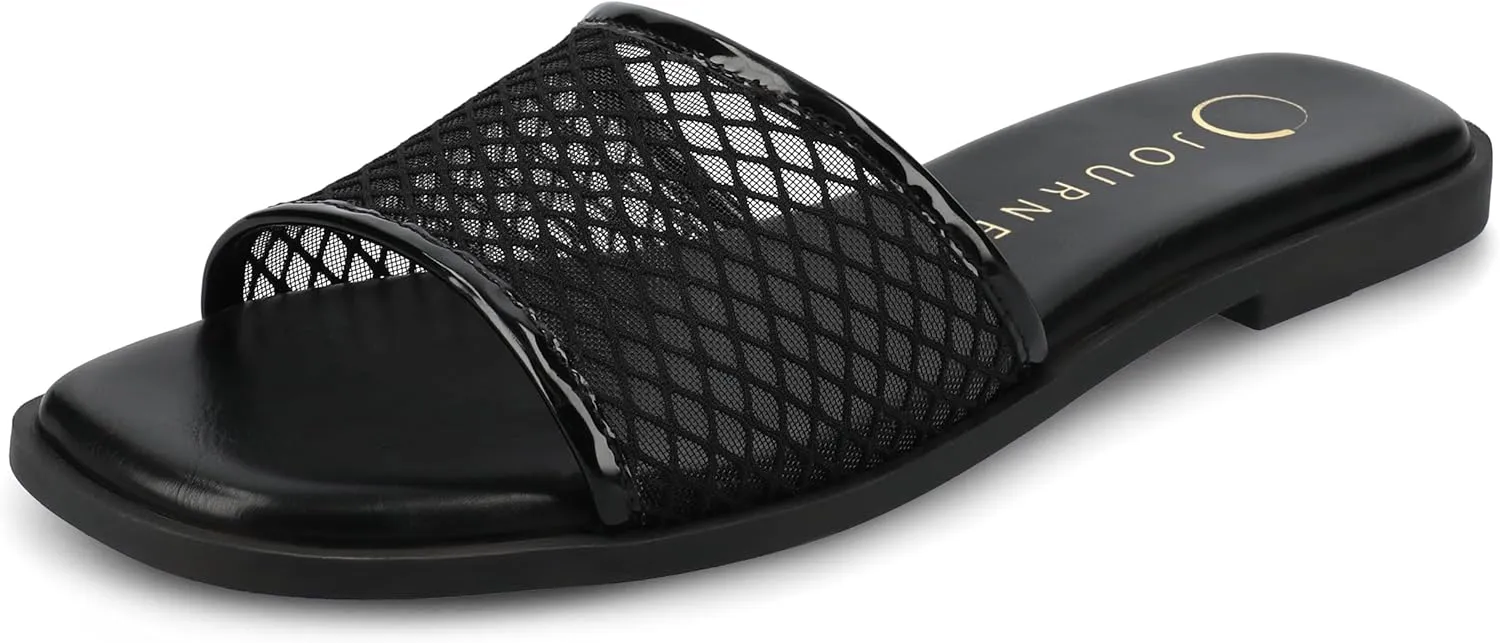 Journee Womens cushioned footbed Sandals Mesh Sandals Breckley Flat Sole Mesh Straps Open Toe