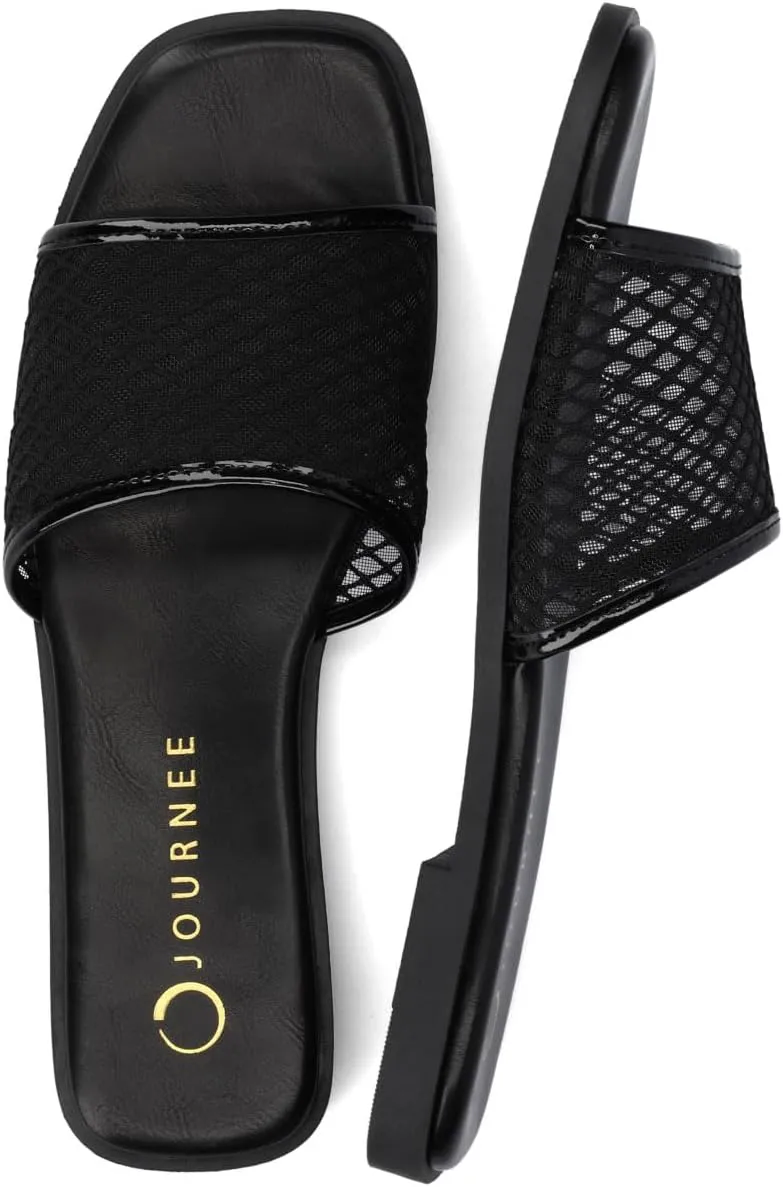 Journee Womens cushioned footbed Sandals Mesh Sandals Breckley Flat Sole Mesh Straps Open Toe