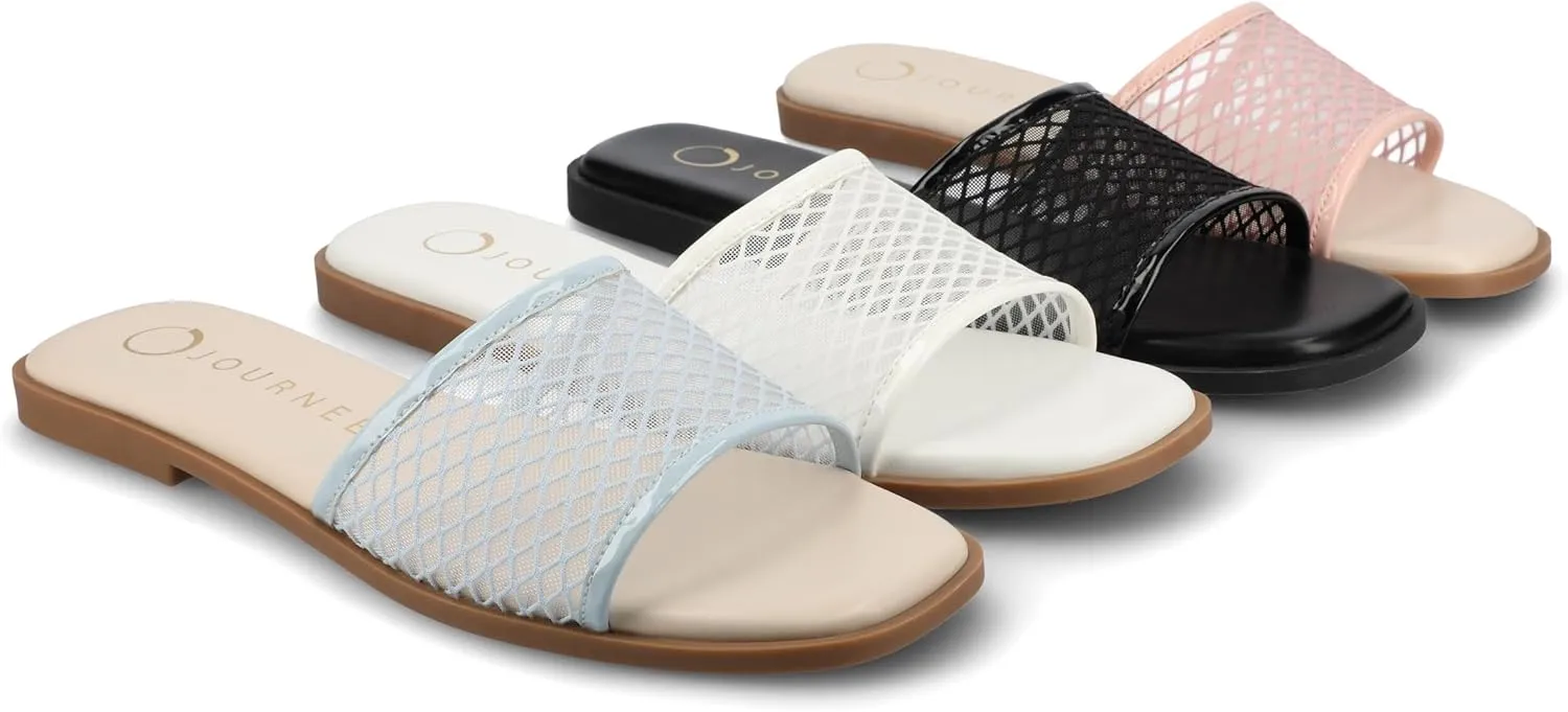 Journee Womens cushioned footbed Sandals Mesh Sandals Breckley Flat Sole Mesh Straps Open Toe