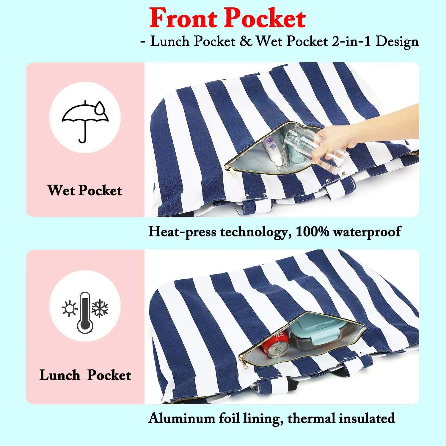 Large Beach Bag for Women, Waterproof Travel Tote Bag with Lunch/Wet Pocket for Weekender, Sandproof, Zipper Closure