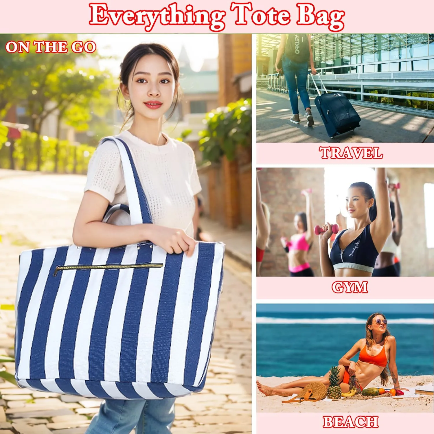 Large Beach Bag for Women, Waterproof Travel Tote Bag with Lunch/Wet Pocket for Weekender, Sandproof, Zipper Closure