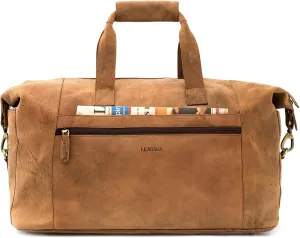 LEABAGS Leather Weekender | Genuine Leather Premium Travel Bag | 41L Sports Duffle Gym Training Airplane Bag | Large | Natural Light Brown | for Women & Men