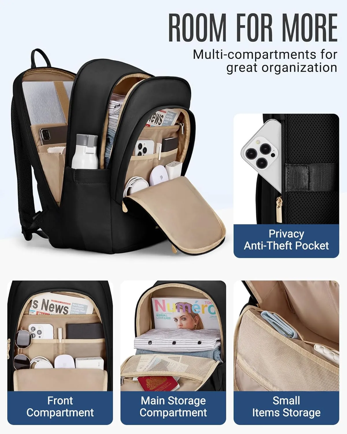 LIGHT FLIGHT Travel Laptop Backpack for 17.3" laptop, Carry on Backpack with USB Charging Hole, Water Resistant College Bookbag, Large Capacity Computer Backpacks for Work, Black