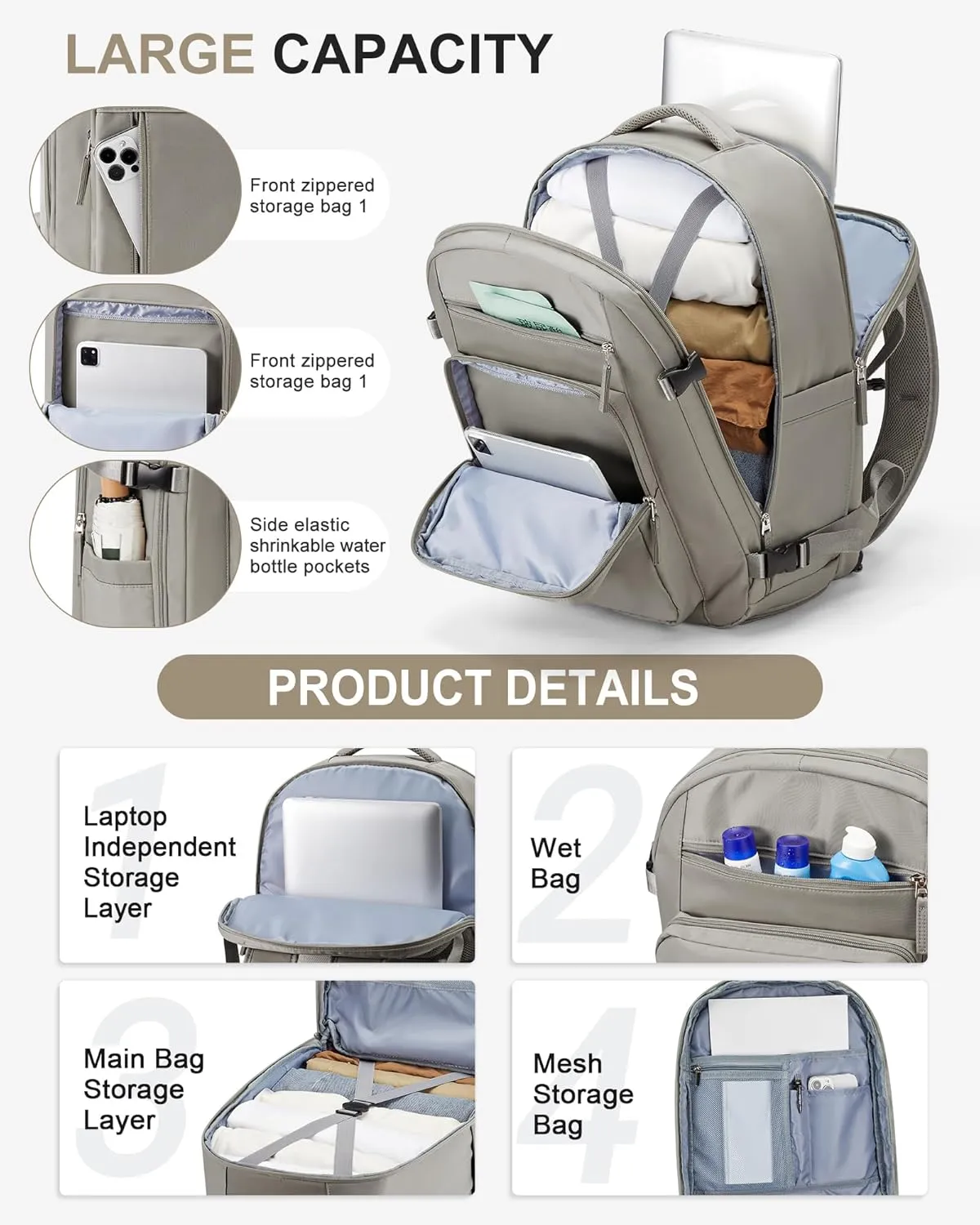 Lightweight Travel Backpack For Women Men Carry On Backpack Flight Approved Travel Bag Personal Item Waterproof Luggage Backpack With Shoe & Laptop Compartment(Grayish brown)