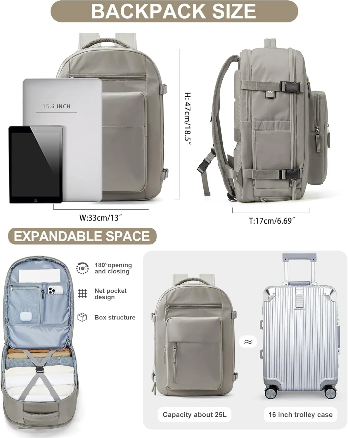 Lightweight Travel Backpack For Women Men Carry On Backpack Flight Approved Travel Bag Personal Item Waterproof Luggage Backpack With Shoe & Laptop Compartment(Grayish brown)
