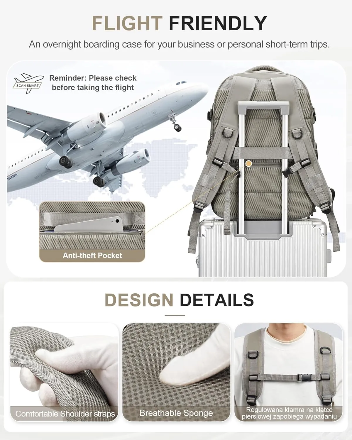 Lightweight Travel Backpack For Women Men Carry On Backpack Flight Approved Travel Bag Personal Item Waterproof Luggage Backpack With Shoe & Laptop Compartment(Grayish brown)