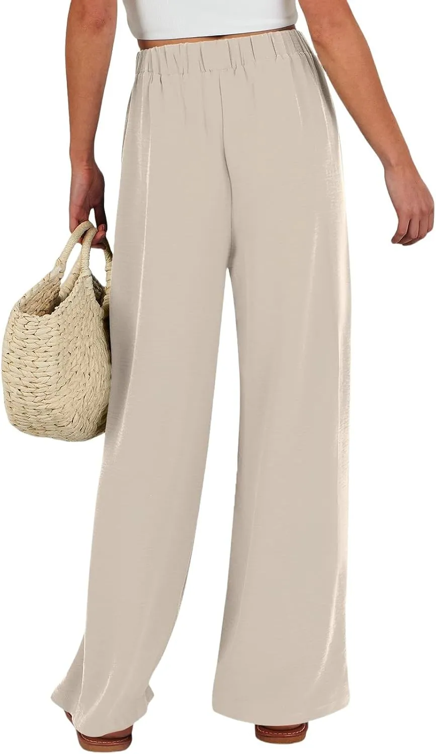 Linen Pants Women High Waisted Wide Leg Work Pants Business Casual Formal Pull On Dress Pants with Pockets Slacks