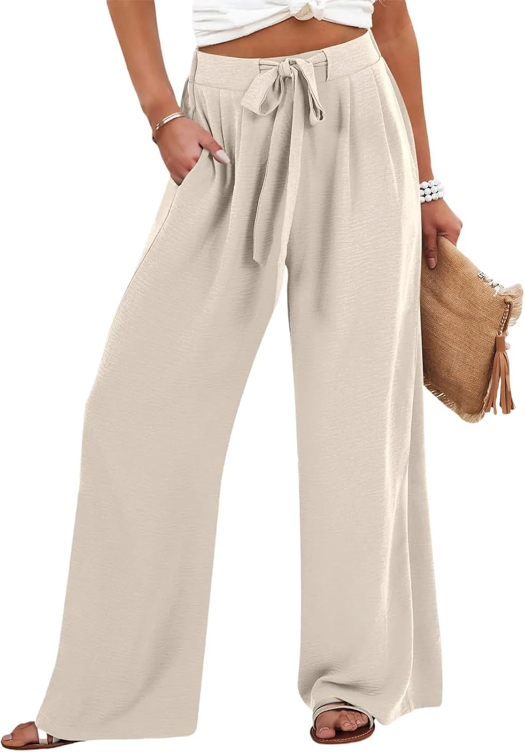 Linen Pants Women High Waisted Wide Leg Work Pants Business Casual Formal Pull On Dress Pants with Pockets Slacks