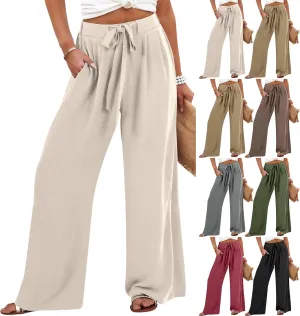 Linen Pants Women High Waisted Wide Leg Work Pants Business Casual Formal Pull On Dress Pants with Pockets Slacks